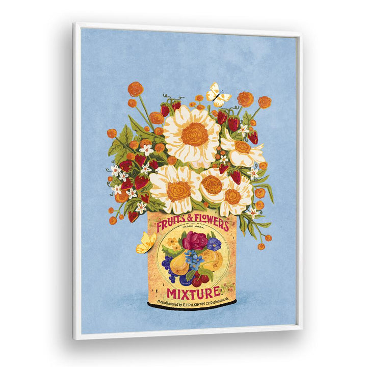 Bright floral flower painting in a vintage tea can, enhancing elegance in any space with Raissa Oltmanns' artwork.