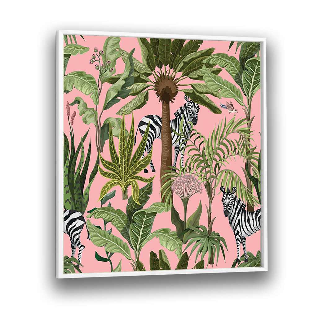 Vibrant ROAMING WITH ZEBRAS, ANIMAL PAINTINGS showcasing zebras amidst lush foliage for a captivating wildlife decor.