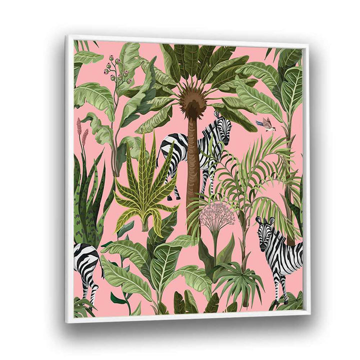Vibrant ROAMING WITH ZEBRAS, ANIMAL PAINTINGS showcasing zebras amidst lush foliage for a captivating wildlife decor.
