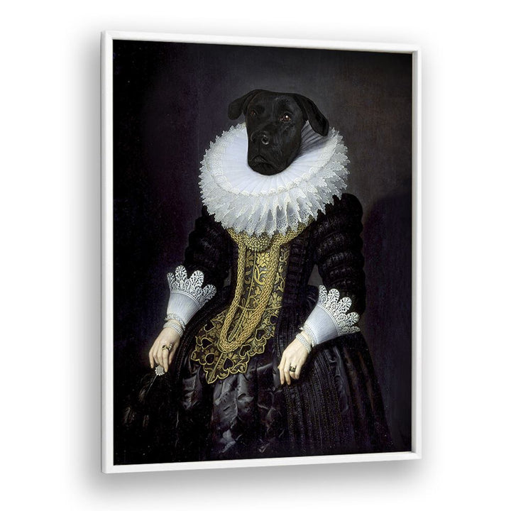 Elegant dog portrait dressed in historical attire, part of ANOUK, ANIMAL PAINTINGS by Florent Bodart.