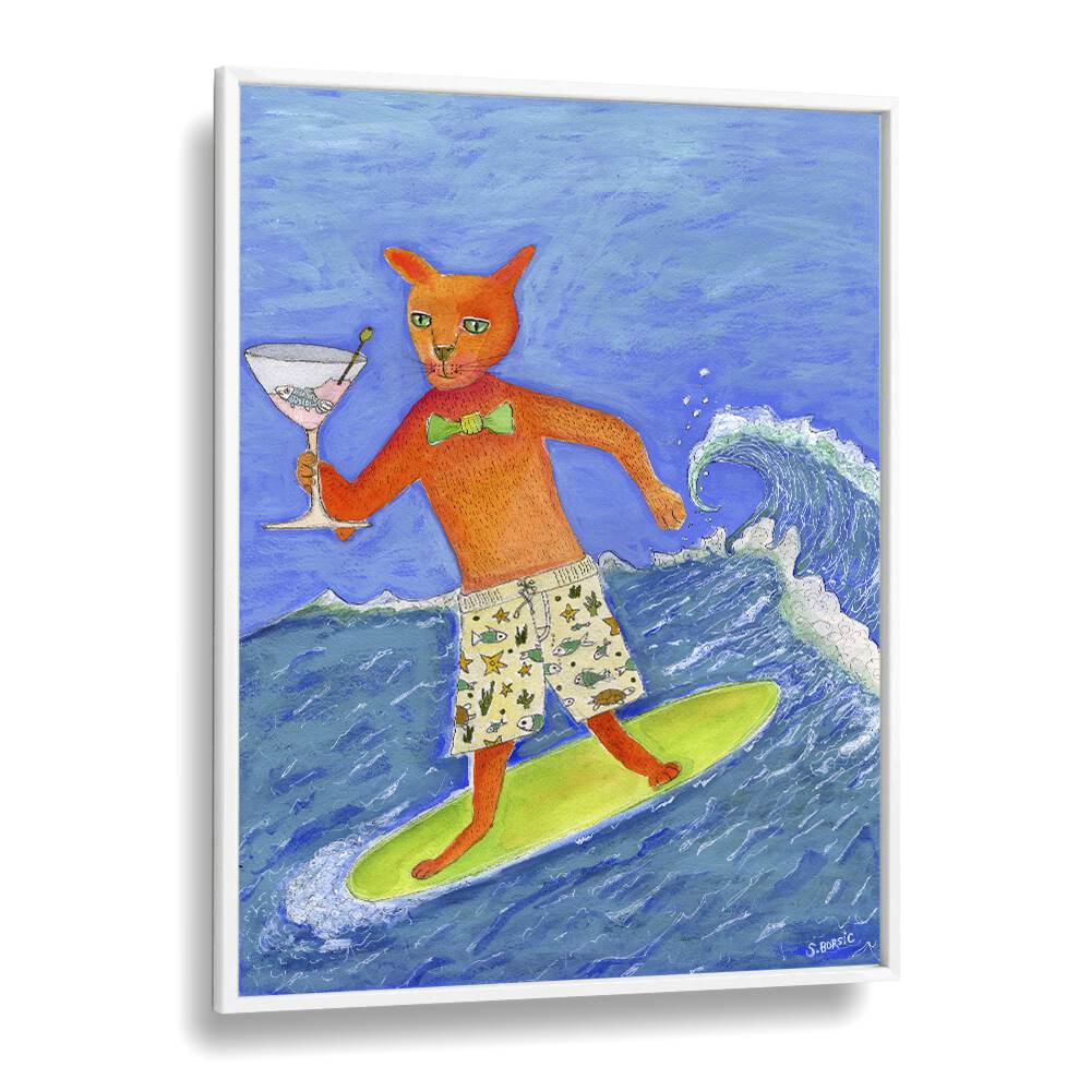 Colorful Surfing Cocktail Cat by Sharyn Bursic rides a wave, holding a cocktail, perfect for art lovers.
