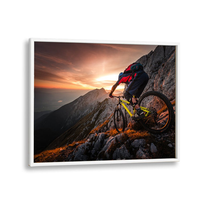 Breathtaking rider on a mountain trail during golden hour, featured in GOLDEN HOUR HIGH ALPINE RIDE, PHOTOGRAPHY PRINTS.
