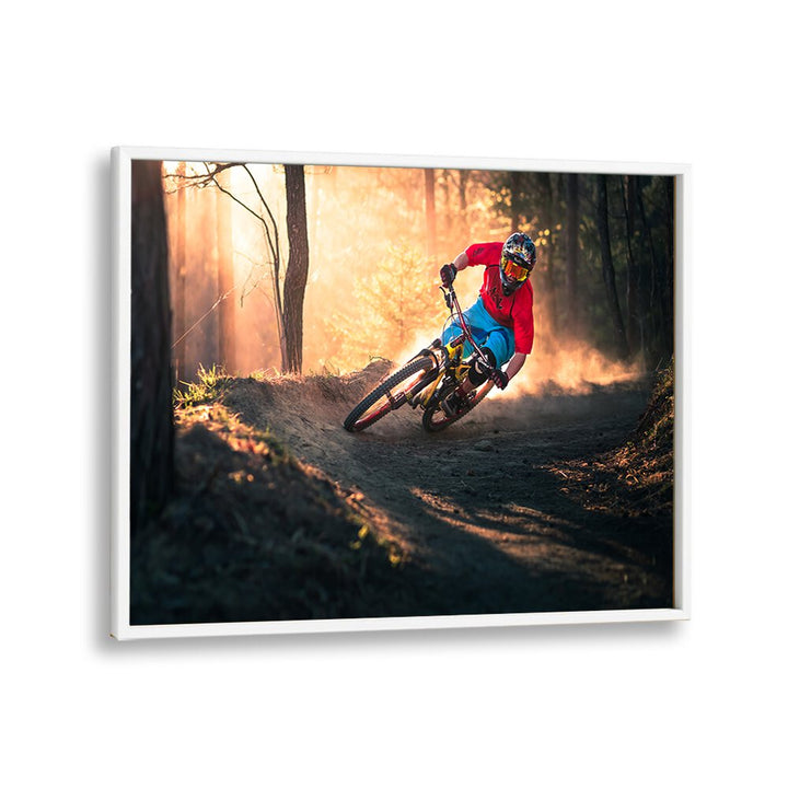 Dynamic mountain biker navigating a curve, showcasing the GOLDEN BERMED CORNER, PHOTOGRAPHY PRINTS artistry.