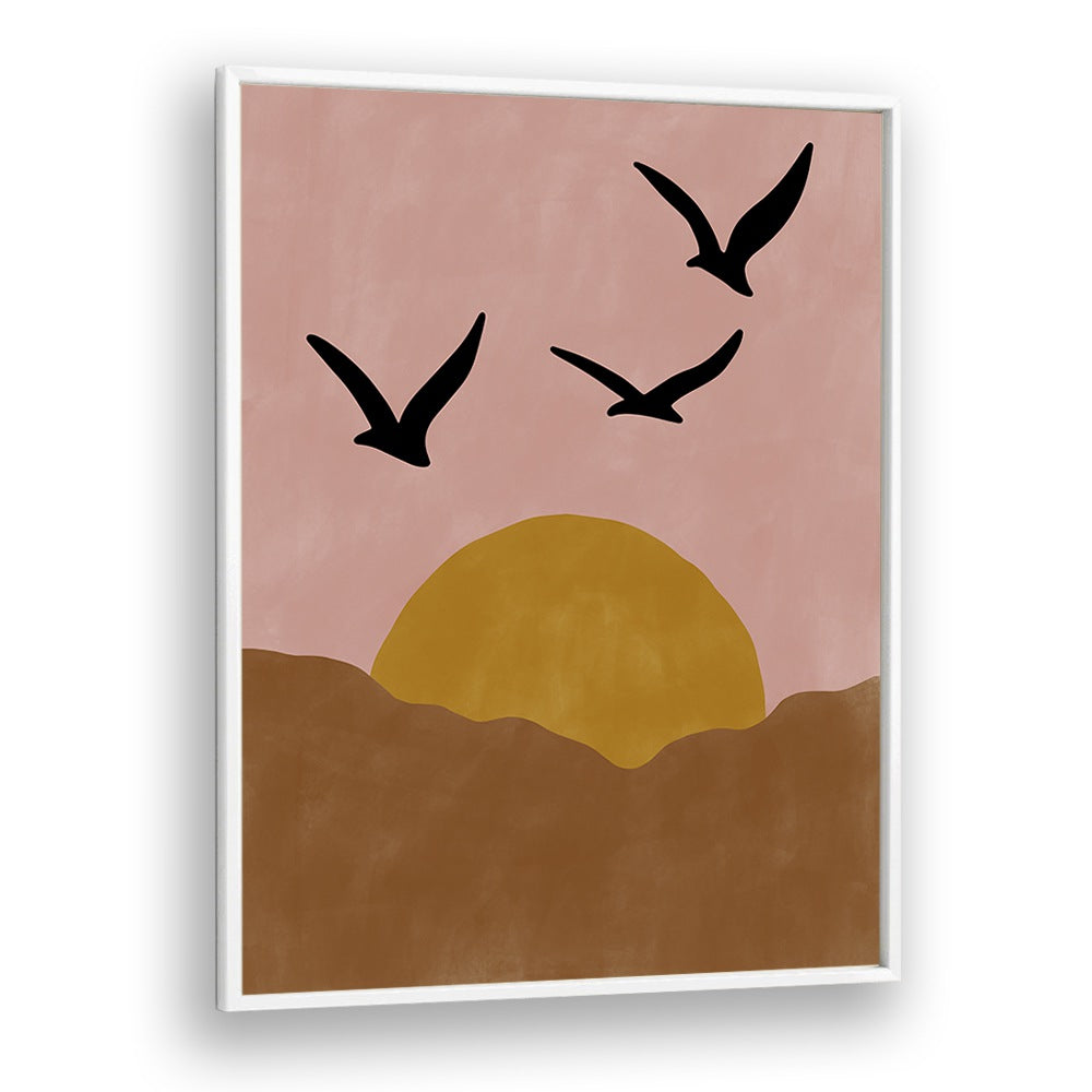 Serene TWILIGHT, LANDSCAPE PAINTINGS by Elena Ristova showcasing a sunset with flying birds in a tranquil setting.