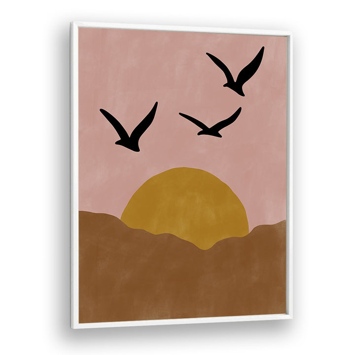 Serene TWILIGHT, LANDSCAPE PAINTINGS by Elena Ristova showcasing a sunset with flying birds in a tranquil setting.