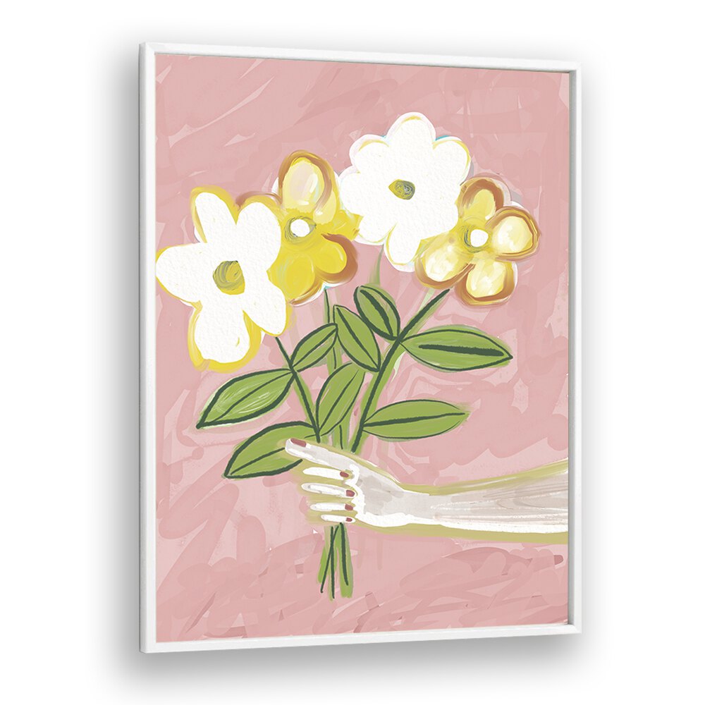 Vibrant bunch of flowers pink and yellow, a stunning floral painting by Sharyn Bursic to brighten your space.