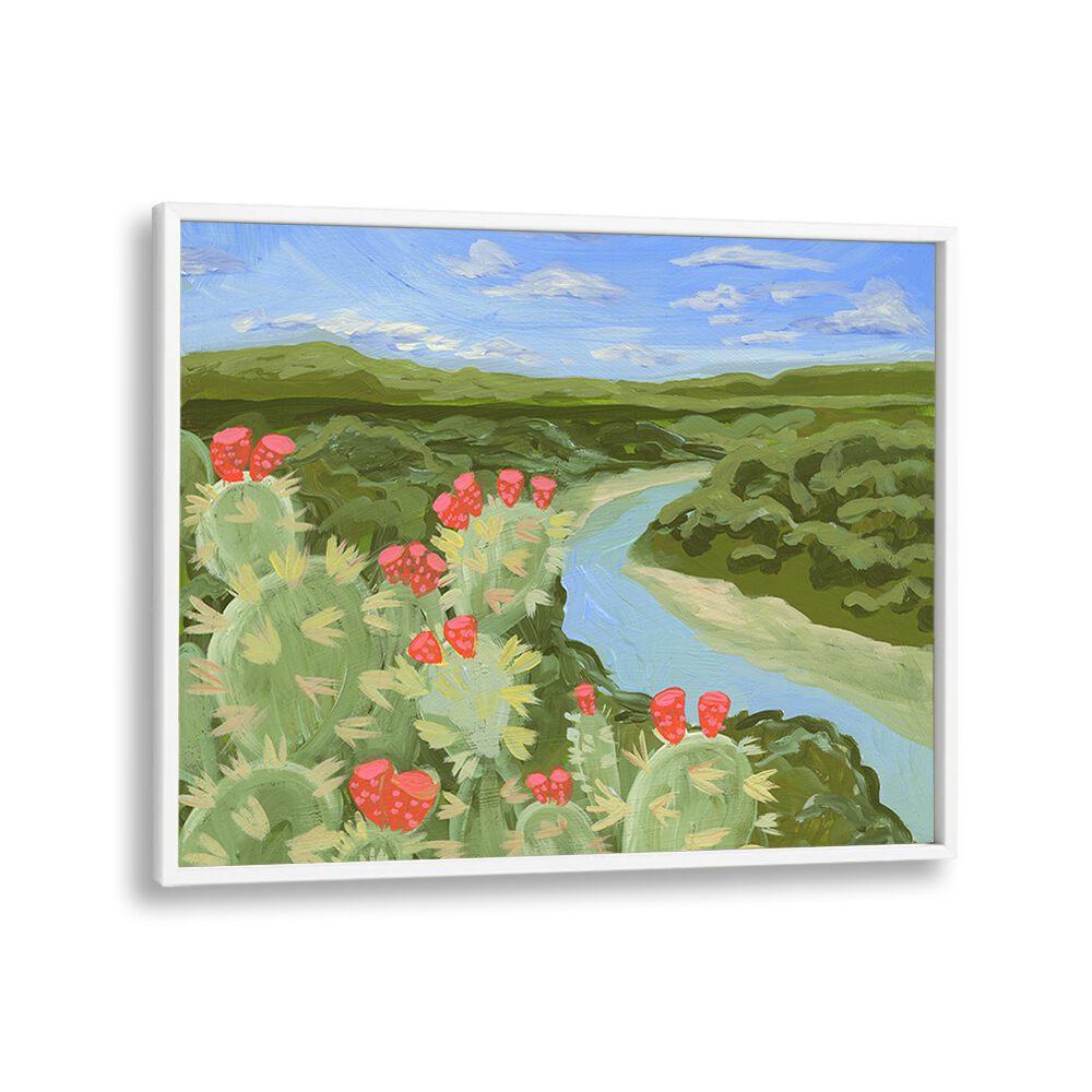 Stunning AUSTIN HILL, LANDSCAPE PAINTINGS featuring vibrant cacti and a serene river view, perfect for any space.