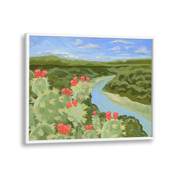 Stunning AUSTIN HILL, LANDSCAPE PAINTINGS featuring vibrant cacti and a serene river view, perfect for any space.