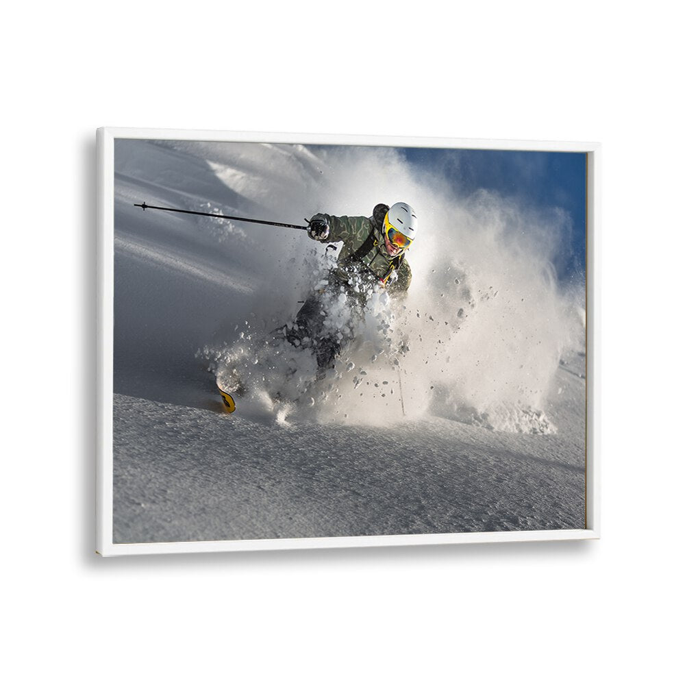Dynamic skier carving through fresh powder, showcasing the excitement of movement with GO FOR IT, PHOTOGRAPHY PRINTS.