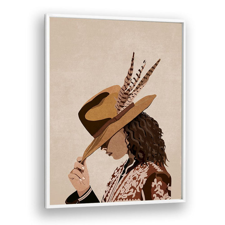 Brunette portrait by Emel Tunaboylu, featuring a stylish figure with a hat and feathers, perfect for elegant spaces.