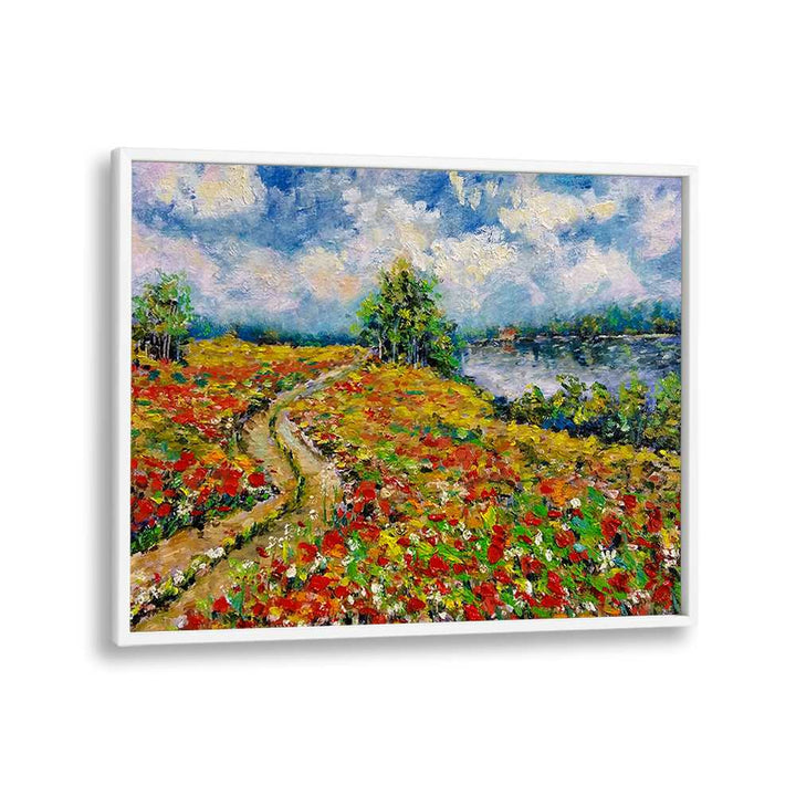 Vibrant COUNTRYSIDE LANDSCAPE painting with lush fields and serene waters, perfect for art lovers.