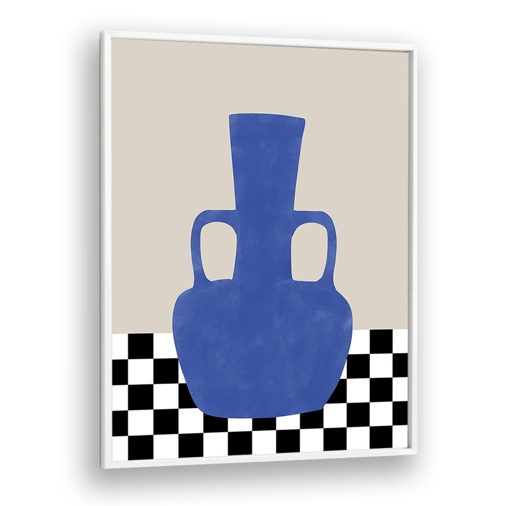 Stunning BLUE STILL LIFE, BOHO ART PAINTINGS featuring a blue vase and chic checkerboard design by Elena Ristova.