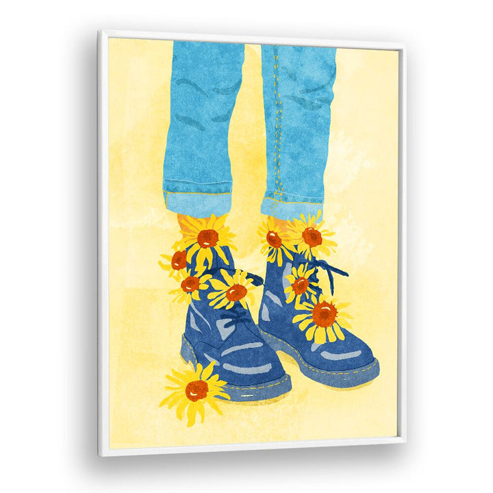 Vibrant SUNFLOWER WALK, FASHION POSTERS showcase stylish boots adorned with flowers, perfect for any art lover's space.