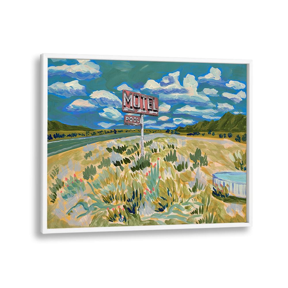 MOTEL, LANDSCAPE PAINTINGS showcase a vibrant scene of a motel sign amidst serene nature, perfect for home decor.
