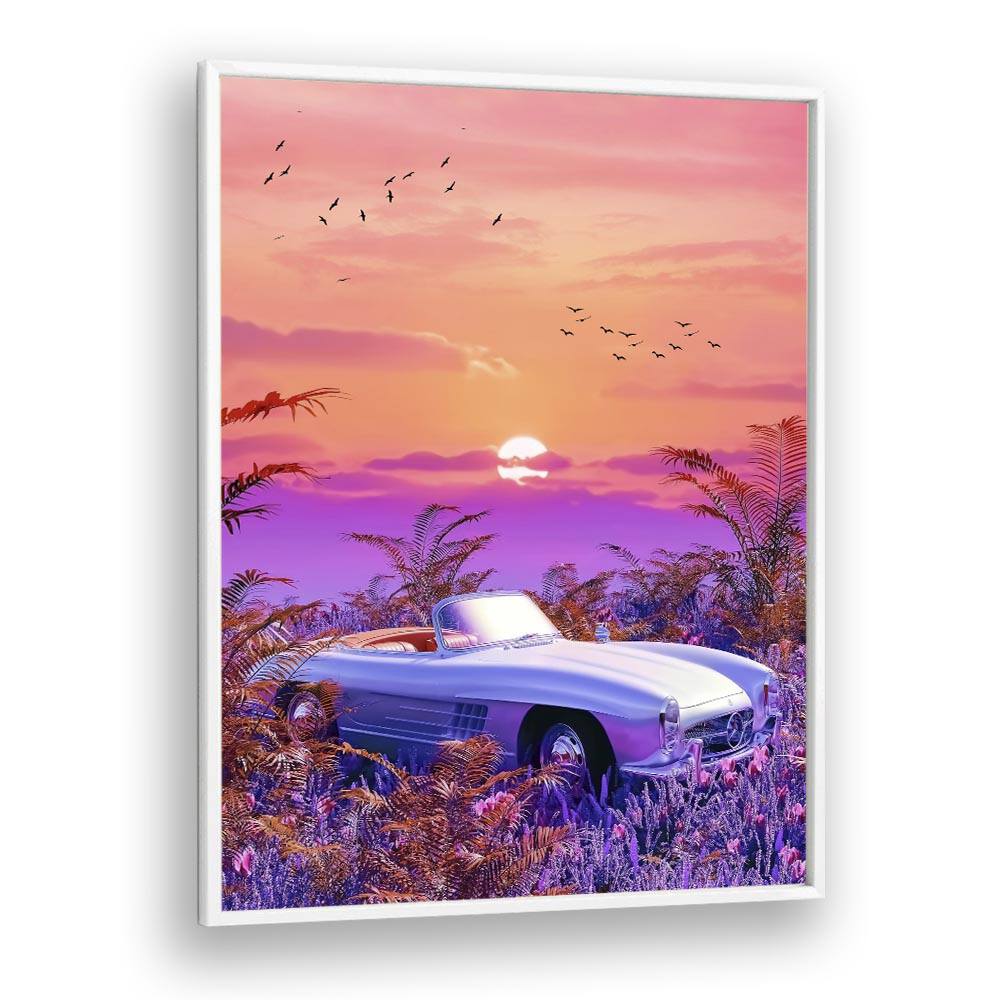 Vintage Paradise, surreal art prints featuring a classic car against a dreamy sunset landscape by Ritvik Takkar.
