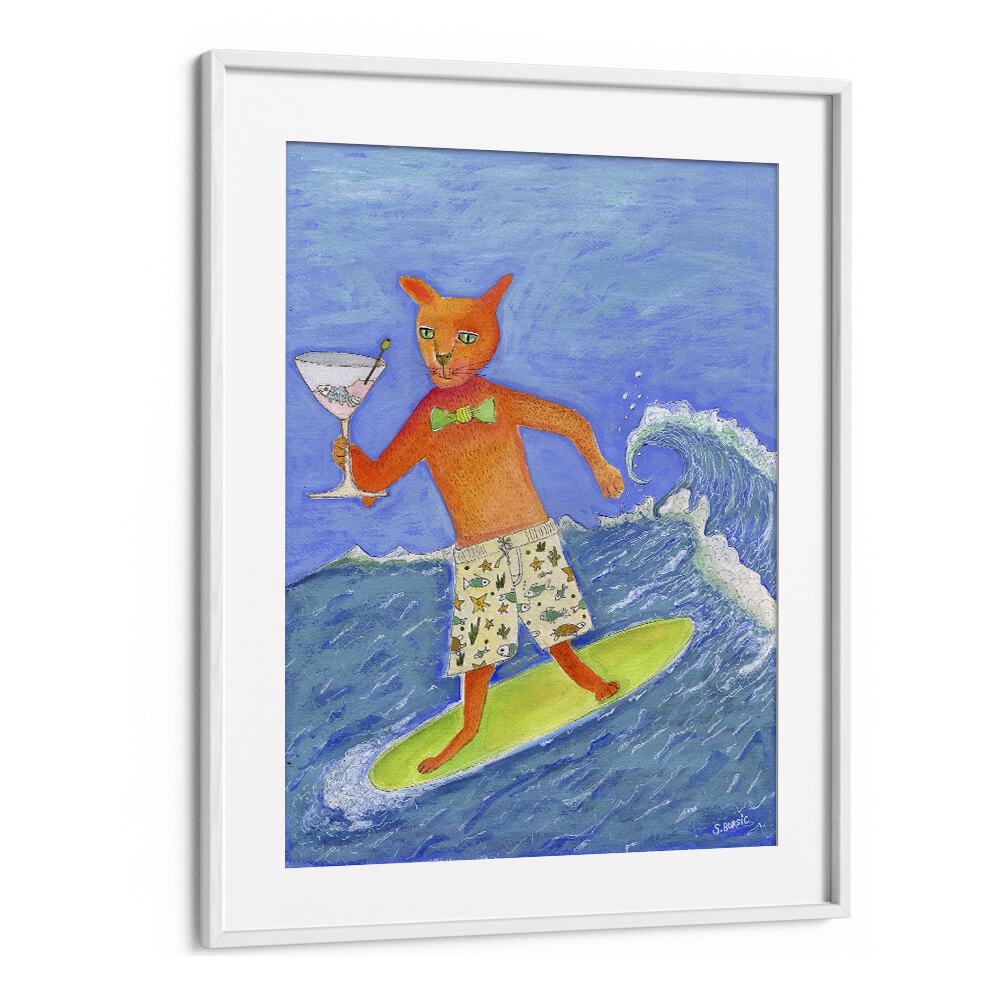 Colorful Surfing Cocktail Cat artwork by Sharyn Bursic, featuring a cat on a surfboard with a cocktail, perfect for decor.