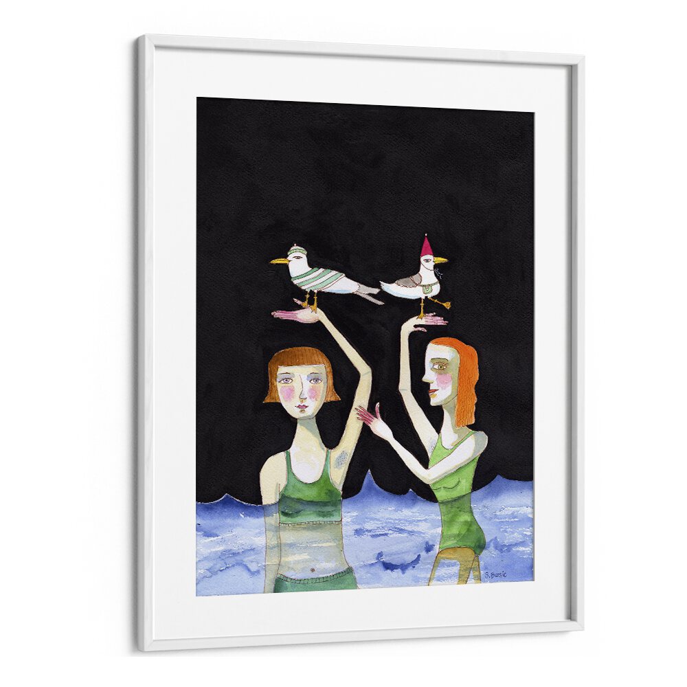 Artwork titled BEST FRIENDS SWIMMING WITH BIRDS by Sharyn Bursic, featuring two women with birds in a vibrant scene.
