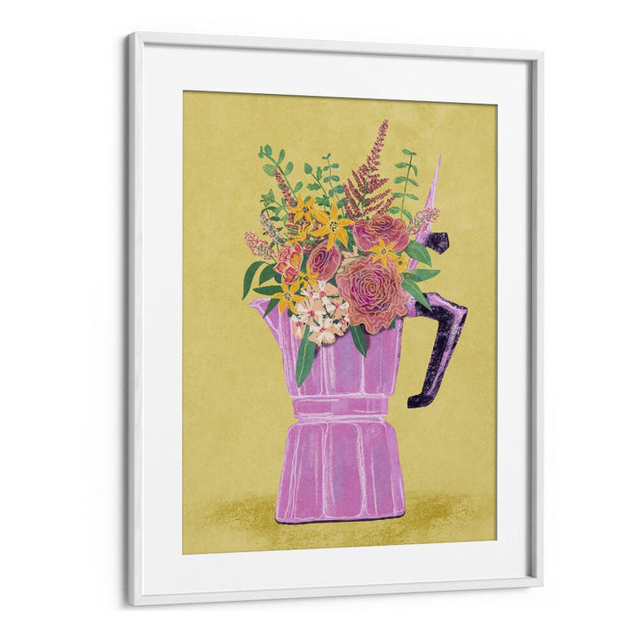 Colorful floral painting featuring an espresso maker with flowers, perfect for enhancing your space by Raissa Oltmanns.