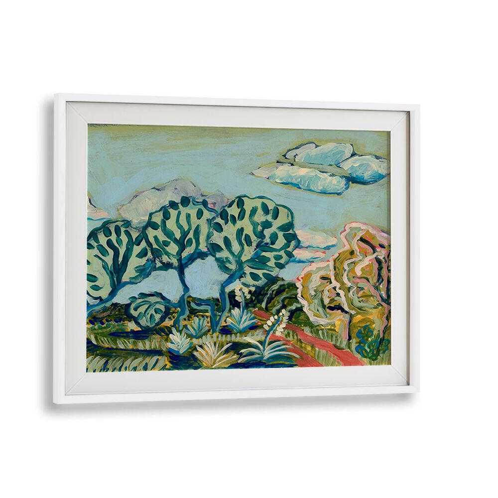 Colorful Texas ranch landscape painting featuring vibrant trees and a serene sky, perfect for home decor. TEXAS RANCH, LANDSCAPE PAINTINGS.