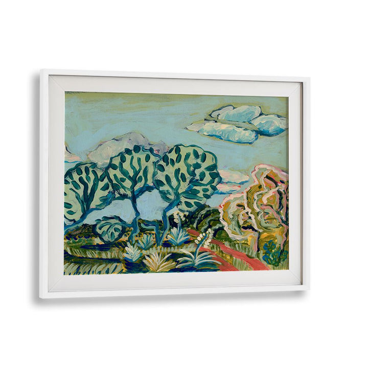 Colorful Texas ranch landscape painting featuring vibrant trees and a serene sky, perfect for home decor. TEXAS RANCH, LANDSCAPE PAINTINGS.