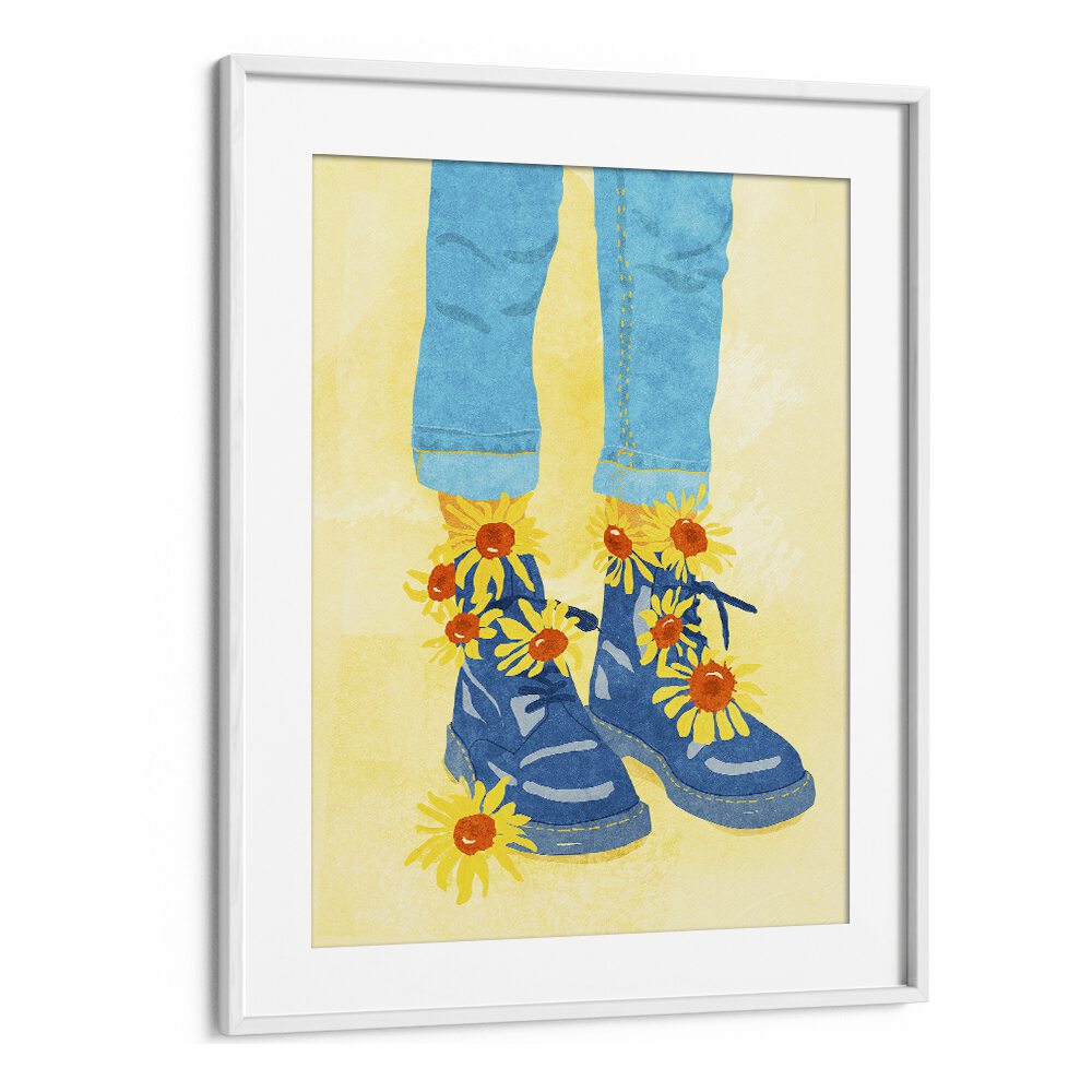 Bright blue boots adorned with sunflowers, showcasing the vibrant "SUNFLOWER WALK, FASHION POSTERS" artwork.