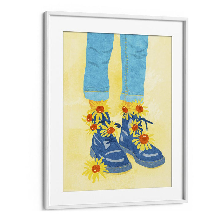 Bright blue boots adorned with sunflowers, showcasing the vibrant "SUNFLOWER WALK, FASHION POSTERS" artwork.