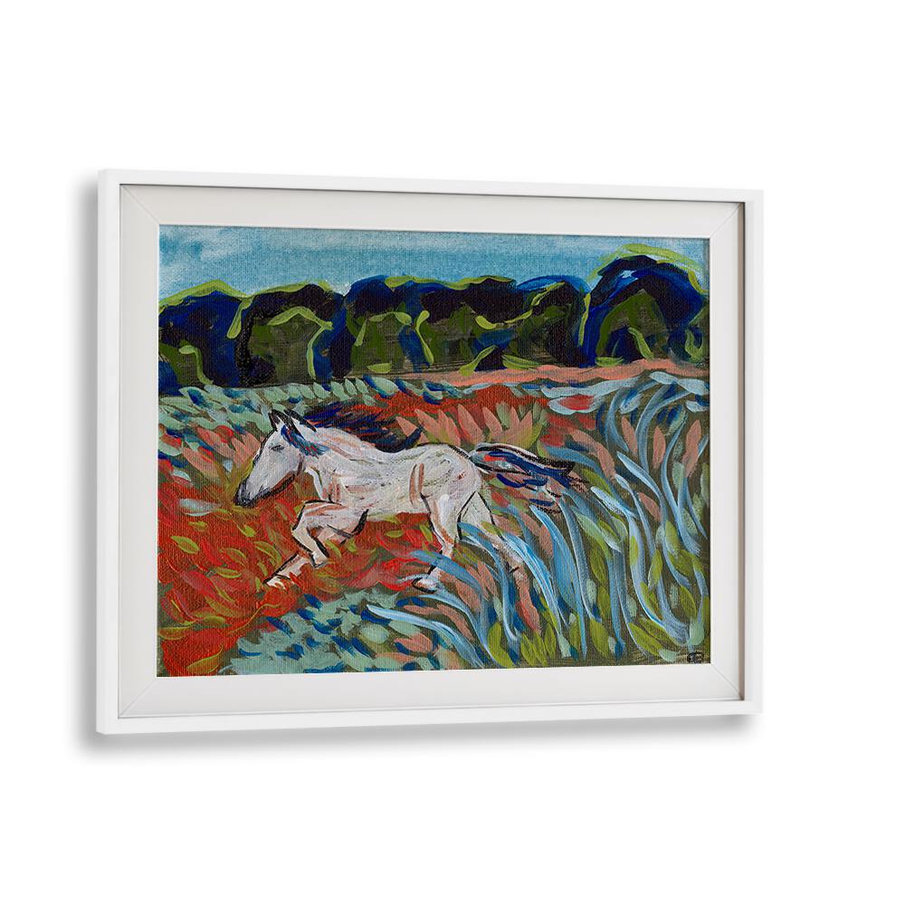 Stunning MOUNTAIN HORSE, LANDSCAPE PAINTINGS showcasing a white horse amidst vibrant natural scenery. Perfect for art lovers.