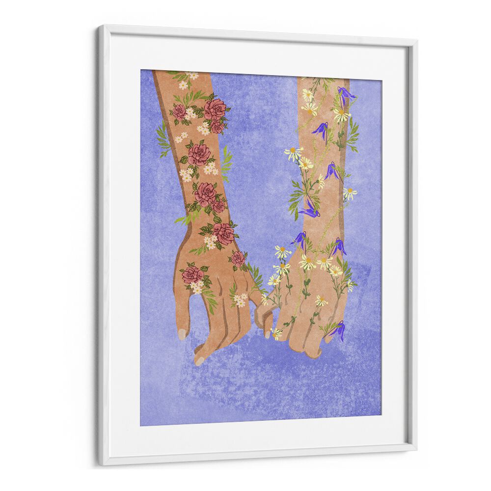 "HOLDING HANDS, FASHION POSTERS" showcases elegant artwork of entwined hands adorned with flowers, perfect for modern decor.
