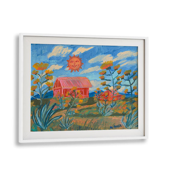 Brightly colored SUNNY FARM PRINT, LANDSCAPE PAINTINGS featuring a charming barn and sun, perfect for home decor.
