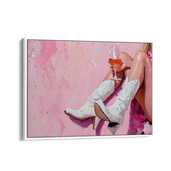 Vibrant art print "Wine and Booted" features stylish white boots and a glass of wine, perfect for lively decor.