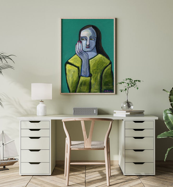 Captivating "Woman With Big Hands, Portraits" artwork by Sharyn Bursic, adding charm and energy to any space.