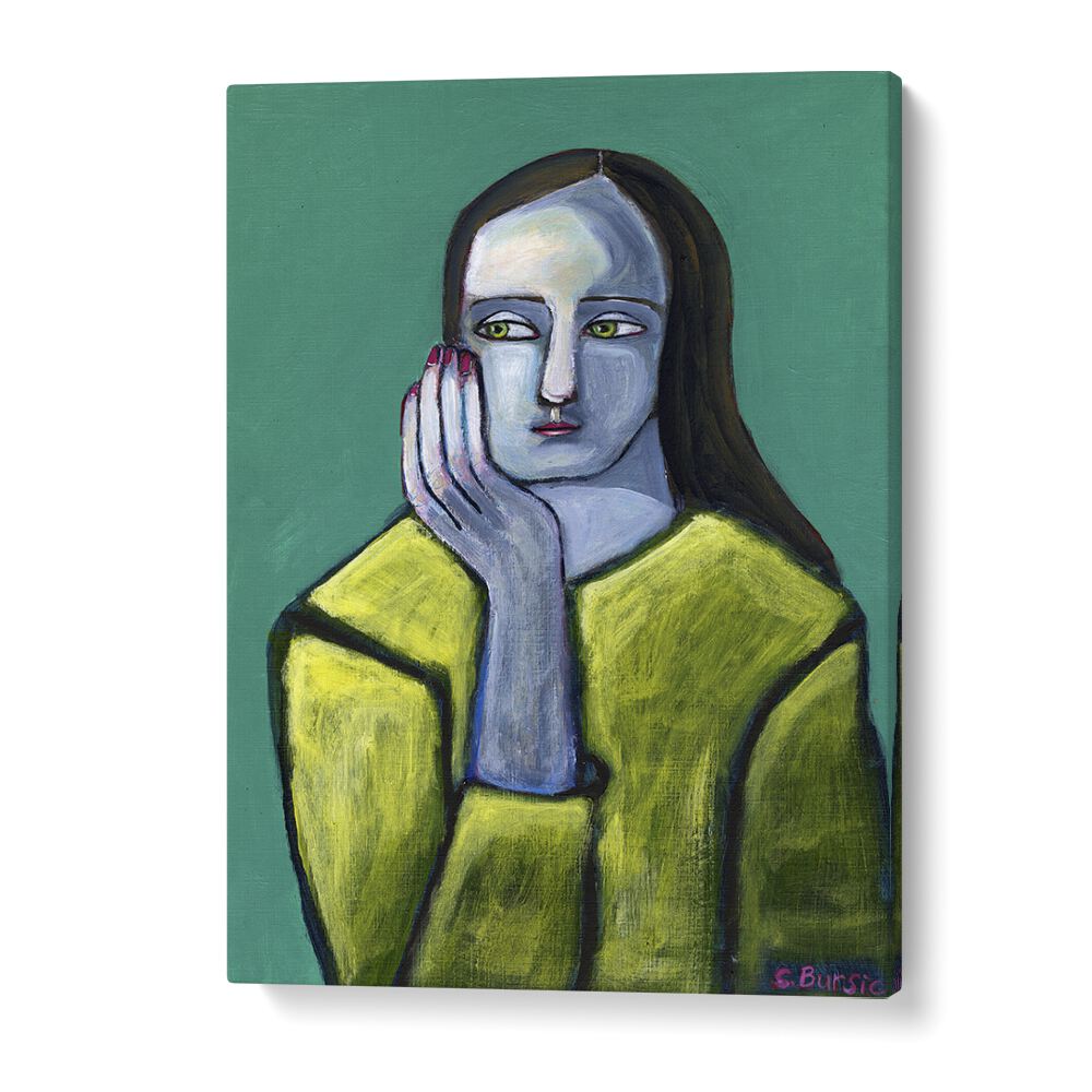 Vibrant portrait of a woman with big hands, showcasing unique charm in Sharyn Bursic's artwork, WOMAN WITH BIG HANDS, PORTRAITS.