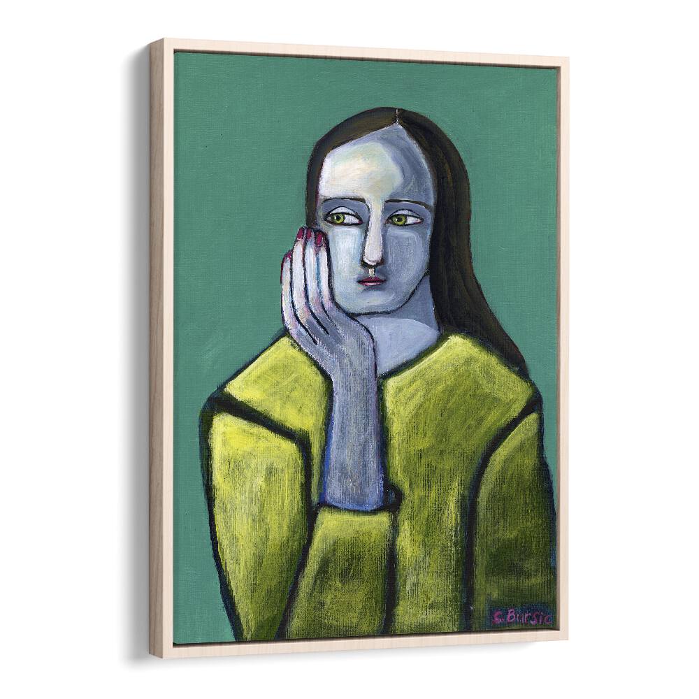 Captivating portrait of a woman with big hands, showcasing unique charm in Sharyn Bursic's artwork. Perfect for decor.