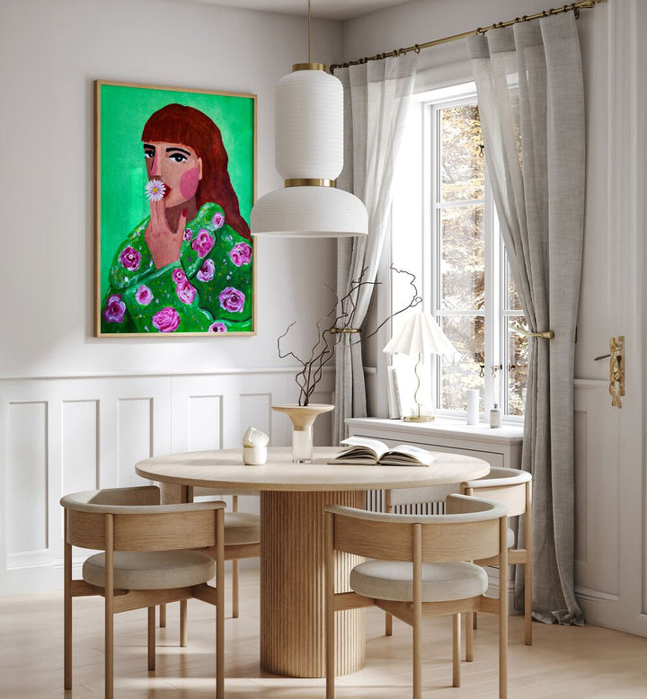 Vibrant fashion poster featuring a woman smoking a flower, perfect for elevating your space with style. WOMAN SMOKING A FLOWER, FASHION POSTERS.