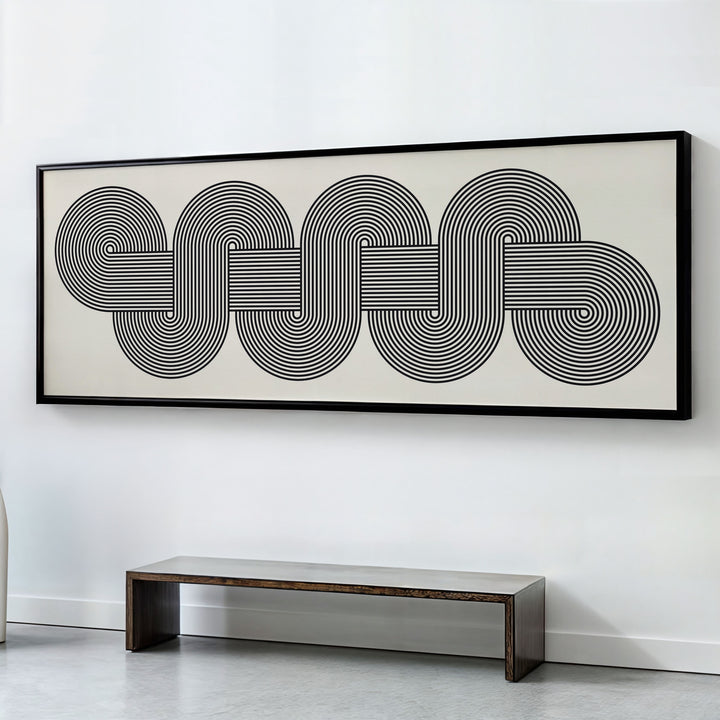 INTERLOCKING LOOPS WITH INTRICATE BLACK LINES , PANORAMIC ART