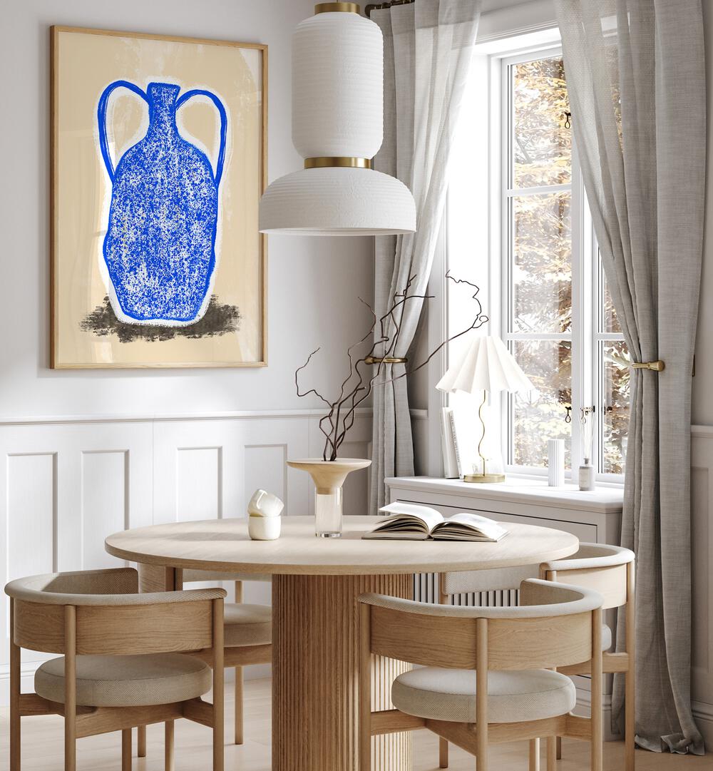 Big Blue Vase by Martina Botanical Art Print placed on wall near dinning table