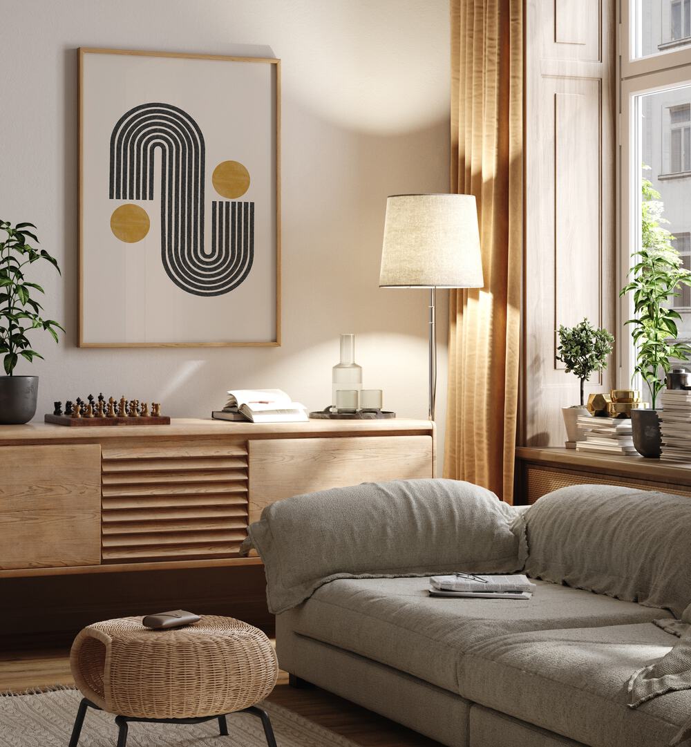 Stylish MID CENTURY, GEOMETRIC ART PRINTS enhance a modern living room, adding sophistication and character.
