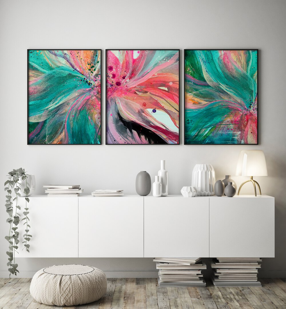 VIBRANT COLOUR FLORA SET , SET OF 3 PAINTINGS