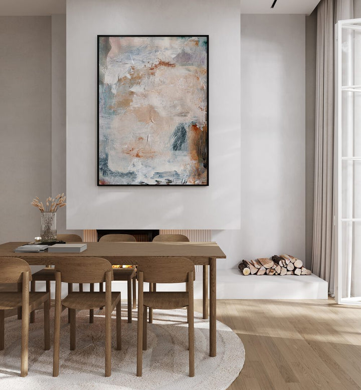 Elegant ADJUSTMENT, ABSTRACT PAINTINGS displayed above a wooden dining table, enhancing modern home decor.