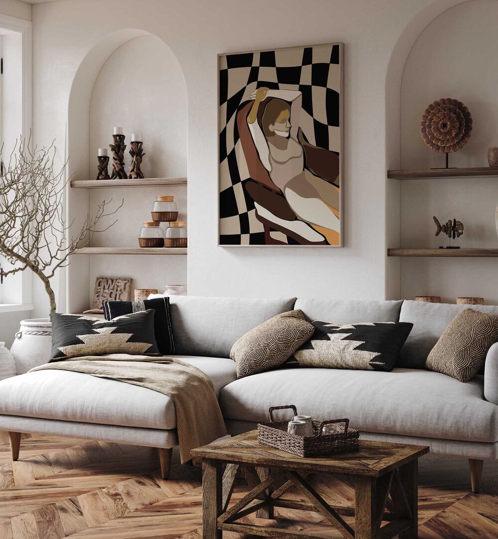 Elegant interior featuring "A SITTING PLACE, PORTRAITS" artwork, enhancing the cozy living space's charm and style.