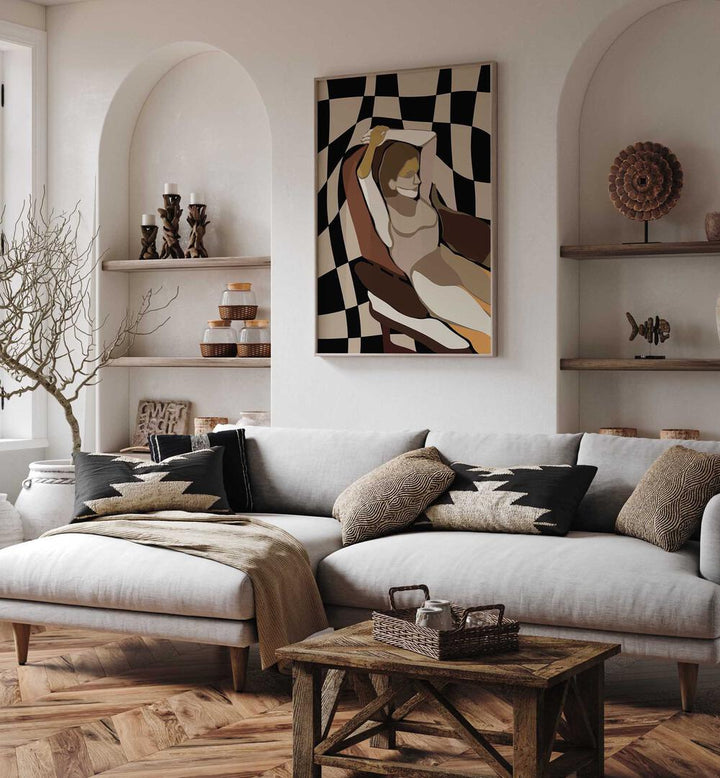 Elegant interior featuring "A SITTING PLACE, PORTRAITS" artwork, enhancing the cozy living space's charm and style.