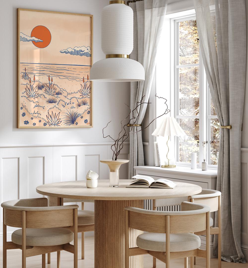 Bright and serene DUNES DREAM, LANDSCAPE PAINTINGS adorning a modern dining space, enhancing tranquil home decor.