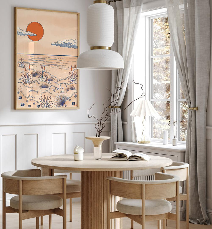 Bright and serene DUNES DREAM, LANDSCAPE PAINTINGS adorning a modern dining space, enhancing tranquil home decor.