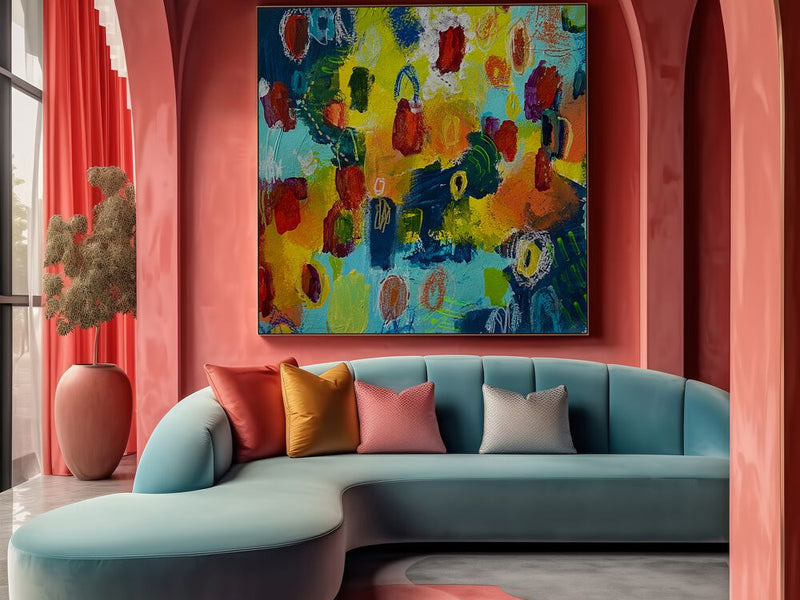 Vibrant ROSES ETERNAL, ABSTRACT PAINTINGS enhances modern decor with bold colors and expressive brushstrokes.