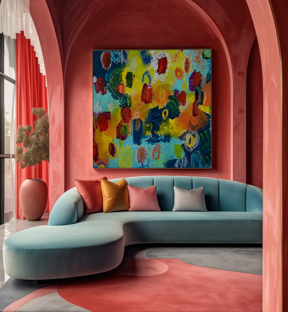 Vibrant ROSES ETERNAL, ABSTRACT PAINTINGS enhances modern decor with bold colors and expressive brushstrokes.