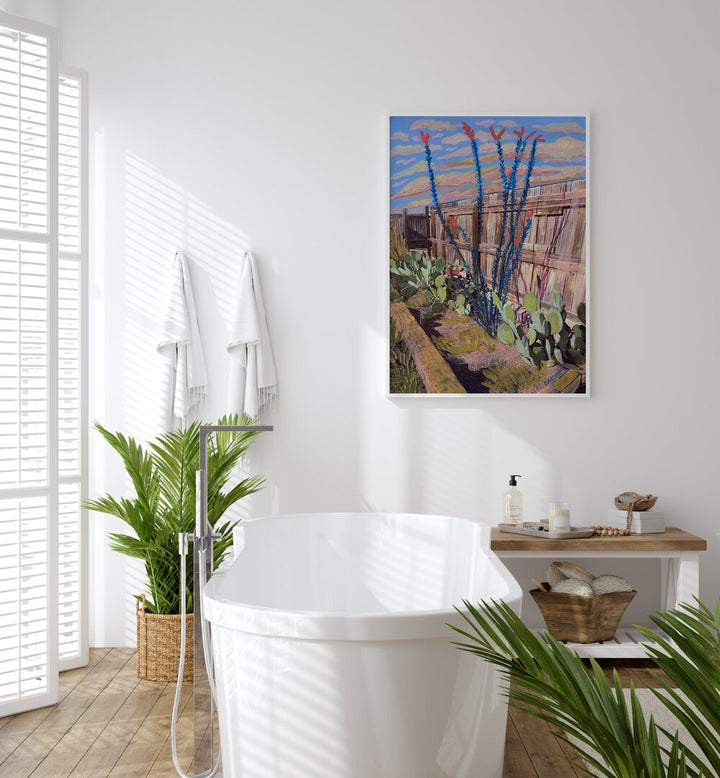 Vibrant ALPINE TEXAS OCOTILLO , LANDSCAPE PAINTINGS adorn a serene bathroom, showcasing nature's beauty.