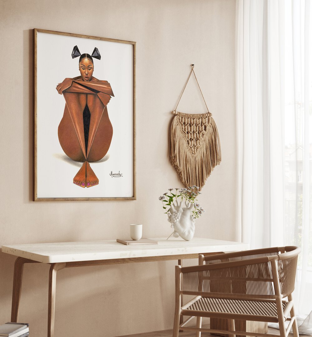 Elegant BLACKDIAMOND, PORTRAITS artwork enhances a stylish interior, showcasing unique figurative illustrations.