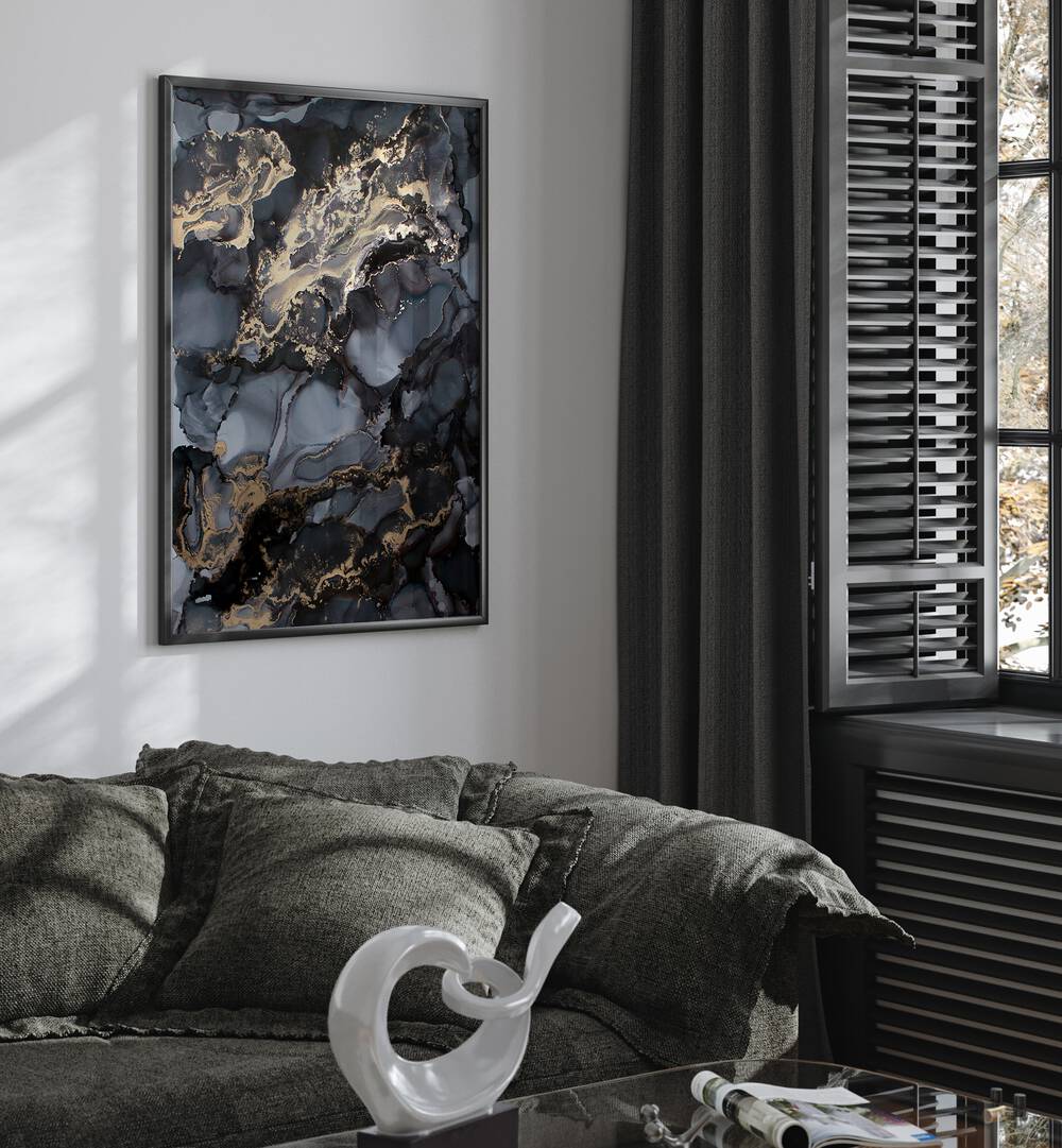 Elegant BLACK STORM, ABSTRACT PAINTINGS adorn a modern living space, blending dark tones with gold accents.