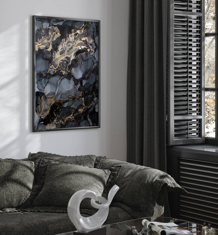Elegant BLACK STORM, ABSTRACT PAINTINGS adorn a modern living space, blending dark tones with gold accents.