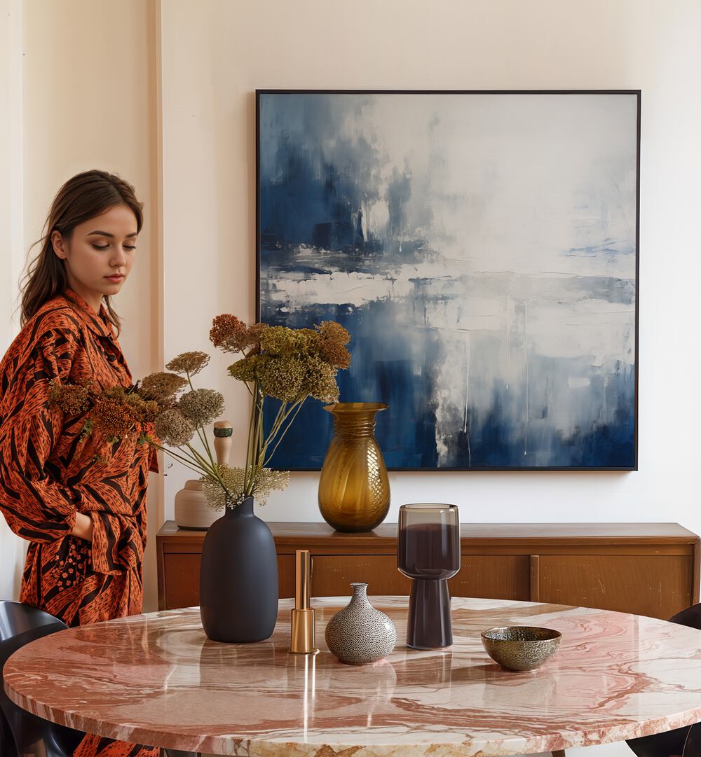 A serene setting featuring AQUA DREAMSCAPE, ABSTRACT PAINTINGS, enhancing the elegant decor with calming colors.